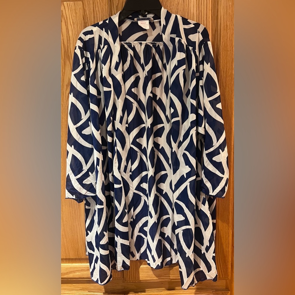 Oscar de la Renta Vintage Swim Beach‎ Cover Up Kimono Kaftan Blue & White Medium